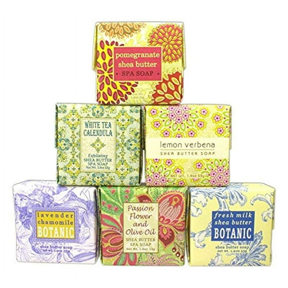 Paquete de 6 jabones Greenwich Bay Trading Co. - Jabones de 1.9 oz en los siguientes aromas: leche fresca limón verbena té blanco caléndula lavanda manzanilla granada manteca de karité y flor de la pa