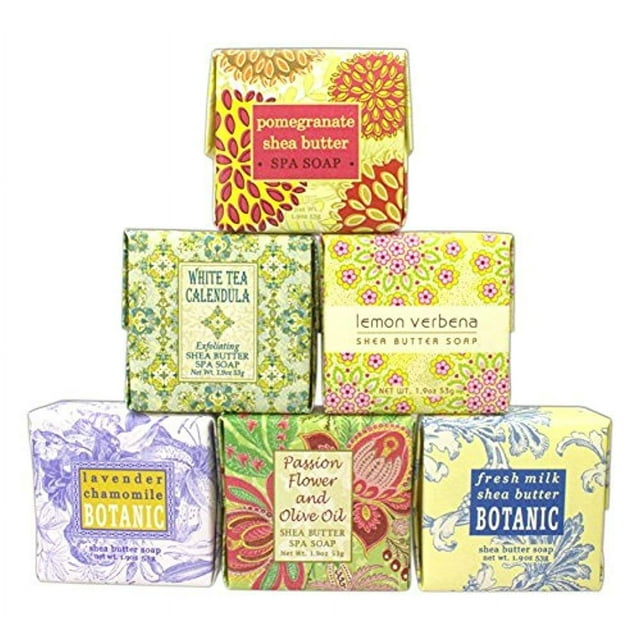 Paquete de 6 jabones Greenwich Bay Trading Co. - Jabones de 1.9 oz en los siguientes aromas: leche fresca limón verbena té blanco caléndula lavanda manzanilla granada manteca de karité y flor de la pa