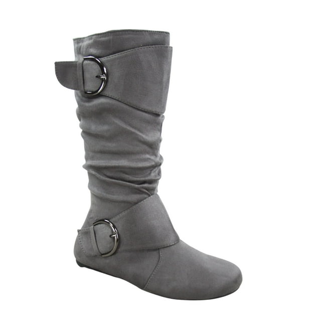 Bottes Mi-Mollet à Bout Rond pour Femmes Zone 70, Confort, Fermeture Éclair, Boucle, Style Plissé Décontracté, Talon Plat ( Gris, 9)