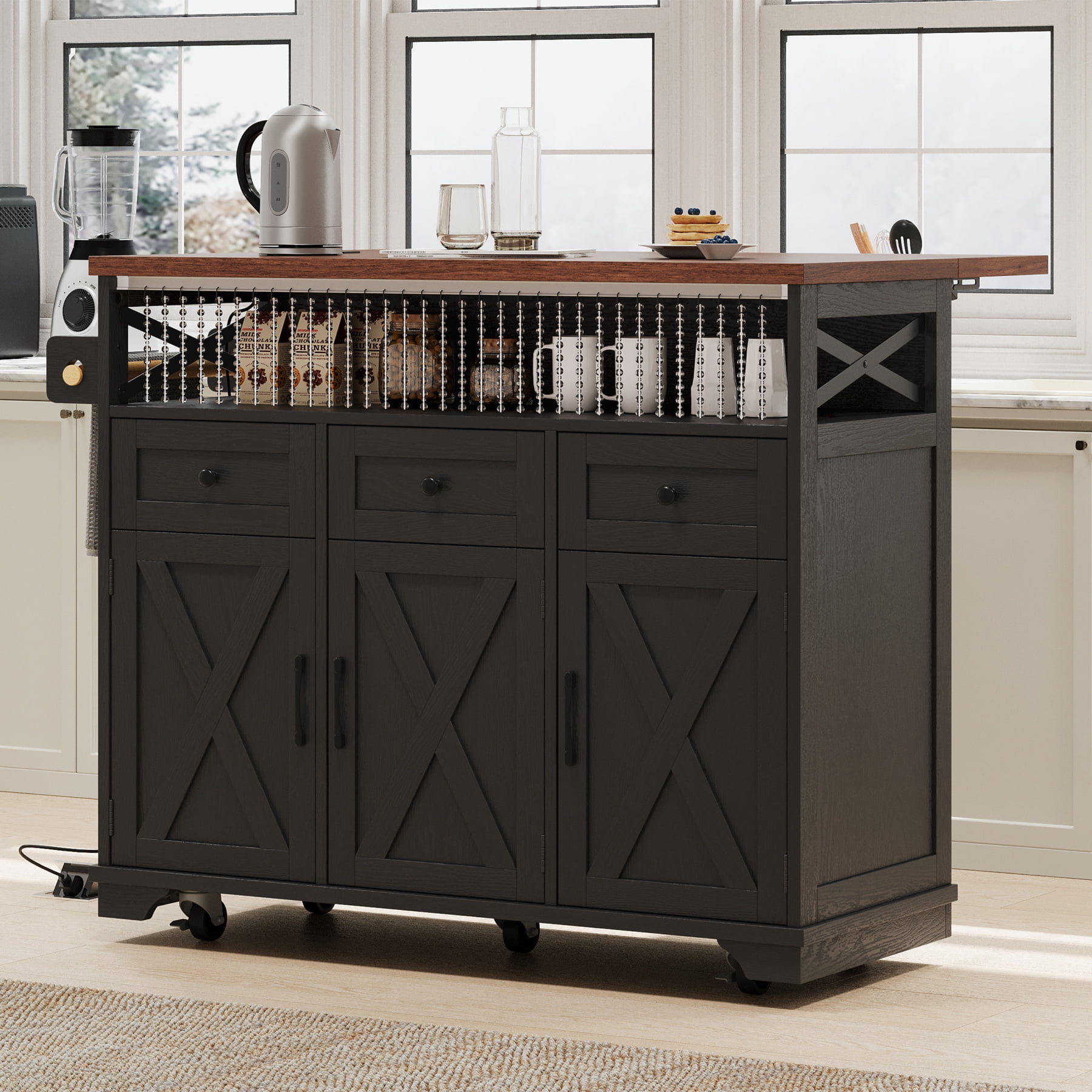 Harper & Bright Designs Farmhouse Kitchen Island with Drop Leaf and Wheels, Kitchen Storage Cart with Drawers and Internal Iron Shelf, Rolling Kitchen Island with Power Outlet, Black