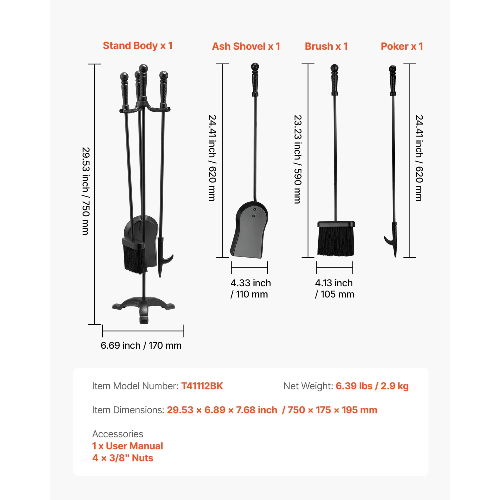 4-in-1 Fireplace Tool Set with Poker, Ash Shovel, Brush, Stand, Wrought Iron & Carbon Steel, for Indoor Wood Stove Fire Pit