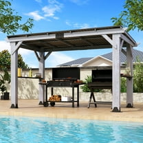 12.5' x 6.5' Cedar Wood BBQ Grill Gazebo Pavilion with Hardtop Galvanized Steel Roof, Bar Tops, Snow Support, Wind Resistance, Cook Station for Outdoor Patio, Deck