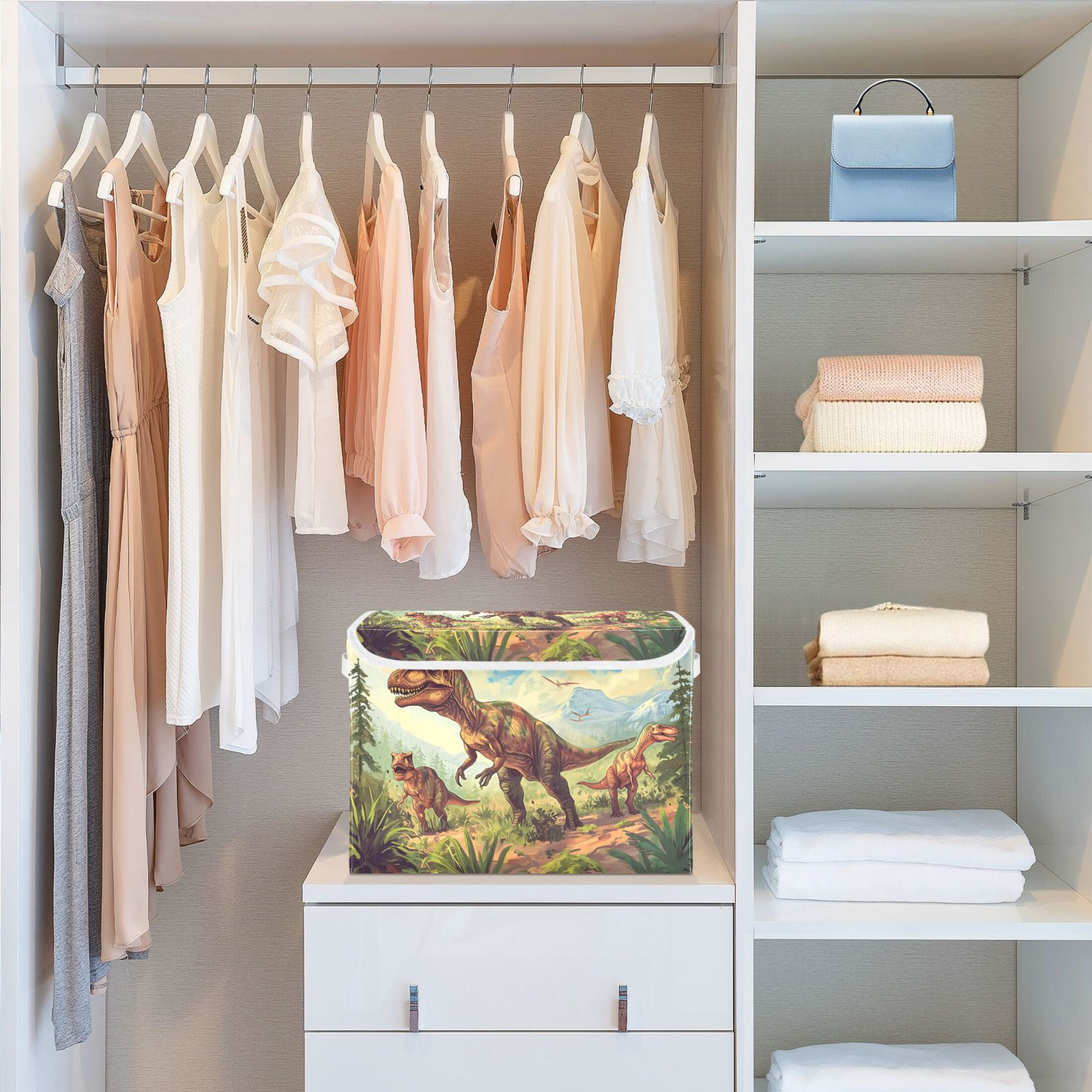 Ryvnso Dinosaur in Forest-a1 Large Lidded Foldable Storage Baskets Cubes Boxes Lids Bin for Home