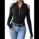 thumbnail image 2 of Blusa de Mujer con Cuello en V, Hombros Descubiertos, Larga, Ajustada, con Cordones, Acanalada y Elástica. Negro S, 2 of 9