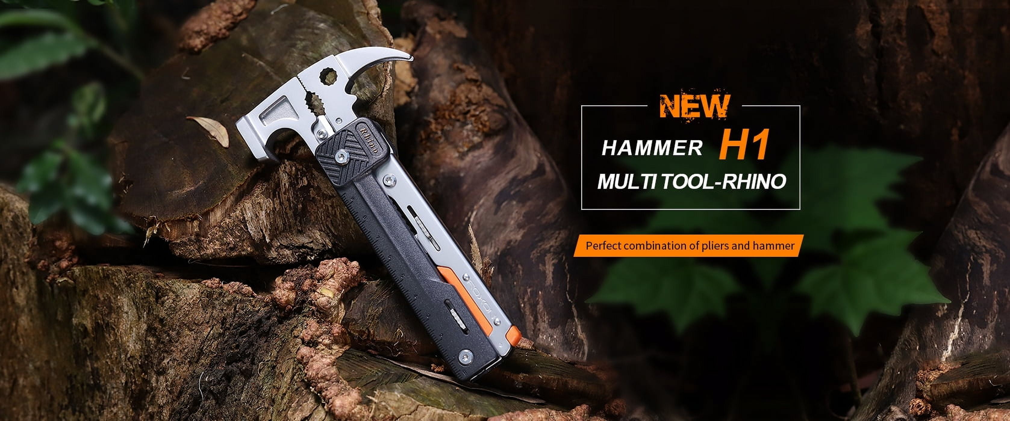 17 in 1 Camping Hammer Foldable Multitool with Flint Stone, Replaceable Wire Cutters, Knife, Saw, Whistle, Bottle Opener
