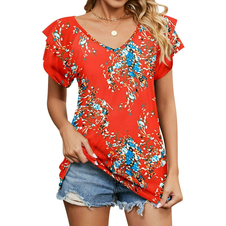 ZXZY Women Floral Print V Neck Tiered Ruffle Short Sleeve Top