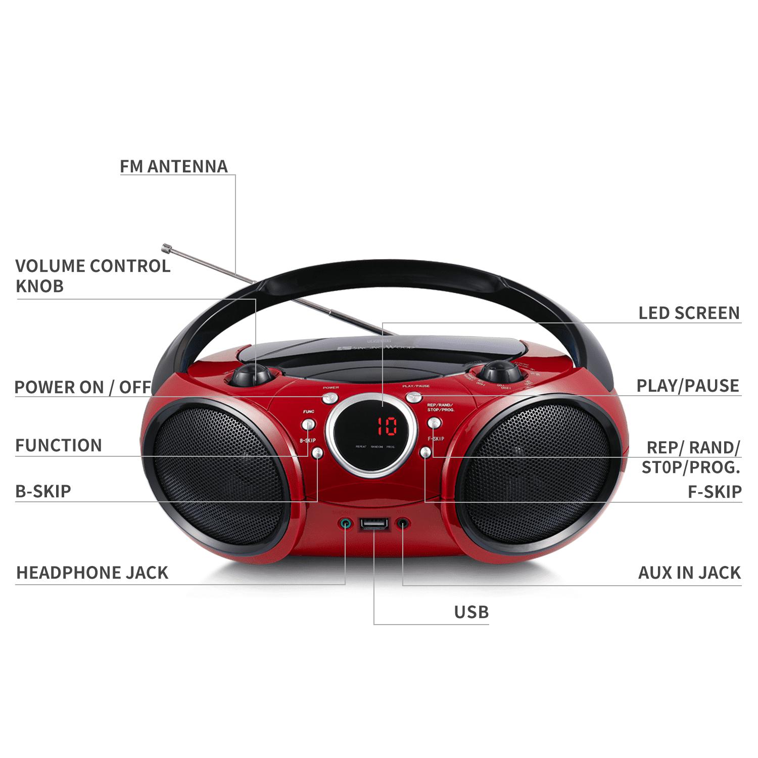 singing wood Portable CD, MP3-CD, USB, Bluetooth AM/FM Stereo Boombox, Firemist Red