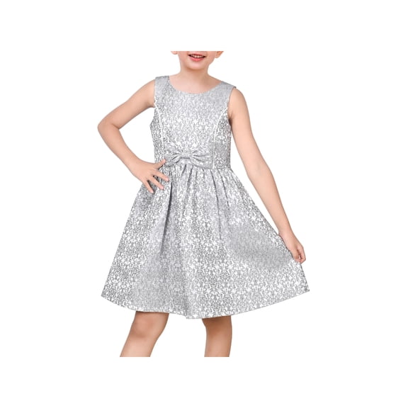 Sunny Fashion Girls Dress Gray Bow Jacquard Flared Sleeveless Princess Wedding Formal Special 7 Years