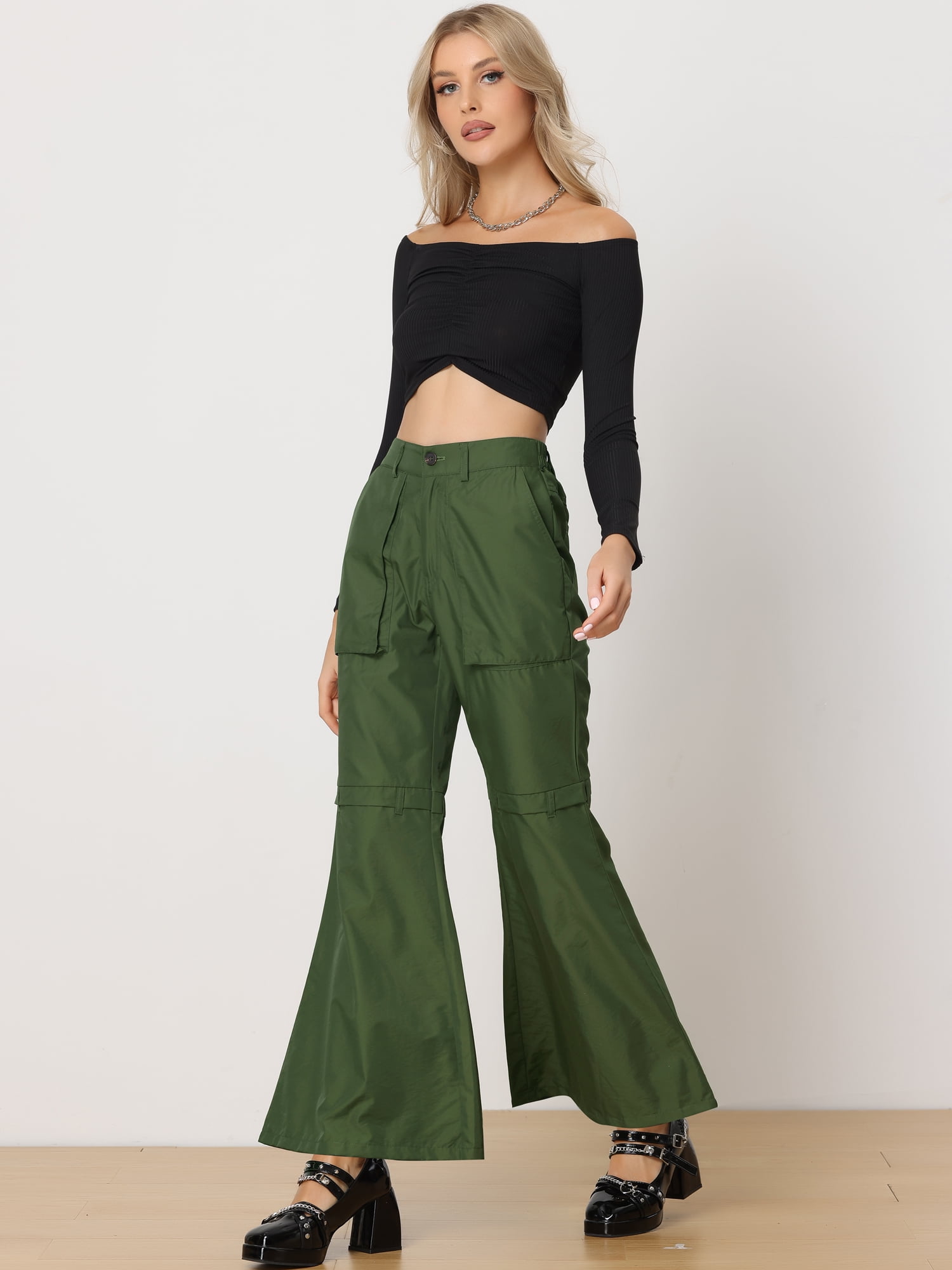 DARING DIVA Women's Cargo Baggy High Waisted Wide Leg Casual Pants M Green