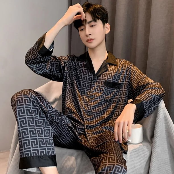 Pijamas finos de seda de hielo para hombre, ropa de casa suelta de lujo, conjunto de pijamas de satén, traje de dormir nocturno para caballeros, primavera y verano