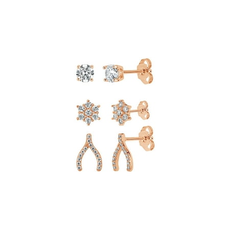 18k Rose Gold Over Sterling Silver White Cubic Zirconia 3 Piece Wishbone, Cluster and Stud Earrings Set