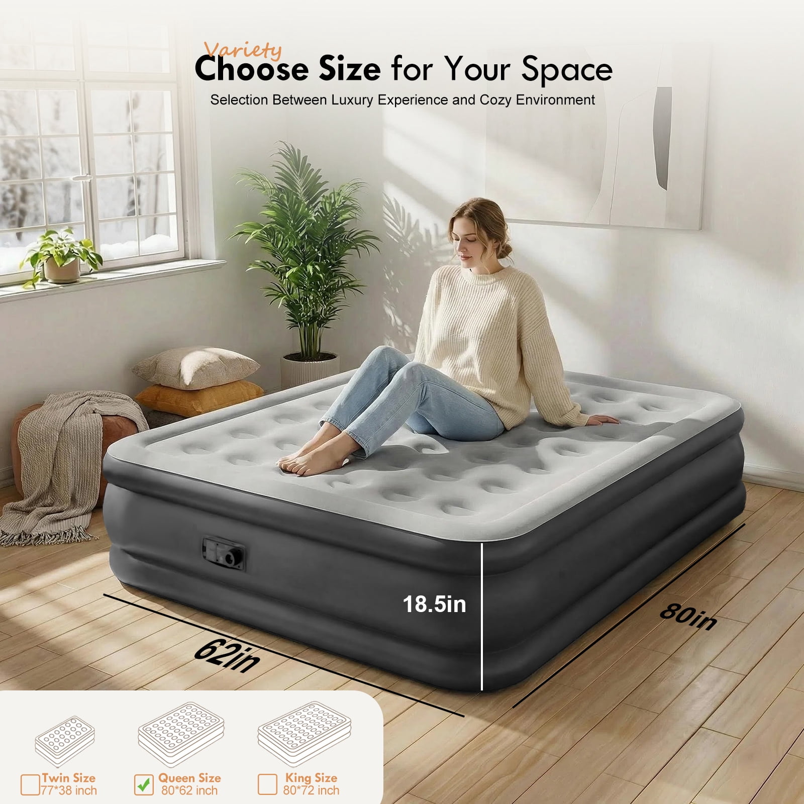 Honeydrill Queen Size Air Mattress 18.5" Airbed Inflatable with Built-in Pump, Gray