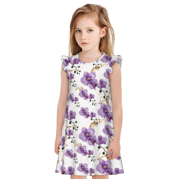 Fotbe Orchids Flowers Vestido de Dormir para Niñas de 3 a 10 Años, Mangas Cortas, Estilo Princesa, Pijama Camisón con Mangas Voladas-Medium