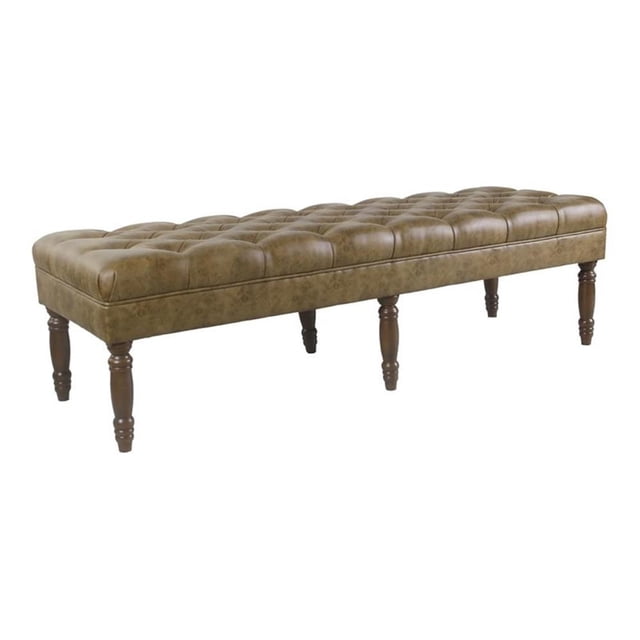 HomePop Classic Tufted Traditional Wood & Vegan Faux Leather Long Bench in Brown