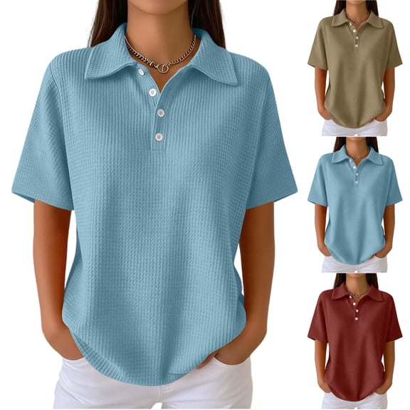 Nestiefly Womens Waffle-Knit Polo Shirts Short Sleeve Golf Collared Dressy Shirt Summer 2026 Relaxed Fit Tennis Fashion Tops Khaki M