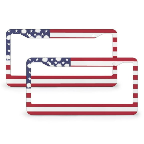 2 Pcs Set Stars & Stripes USA Flag Patriotic License Plate Cover 4th of July Independence Day Funny License Plates Aluminum Metal 2 Round Holes Car Accessories US Canada Standard