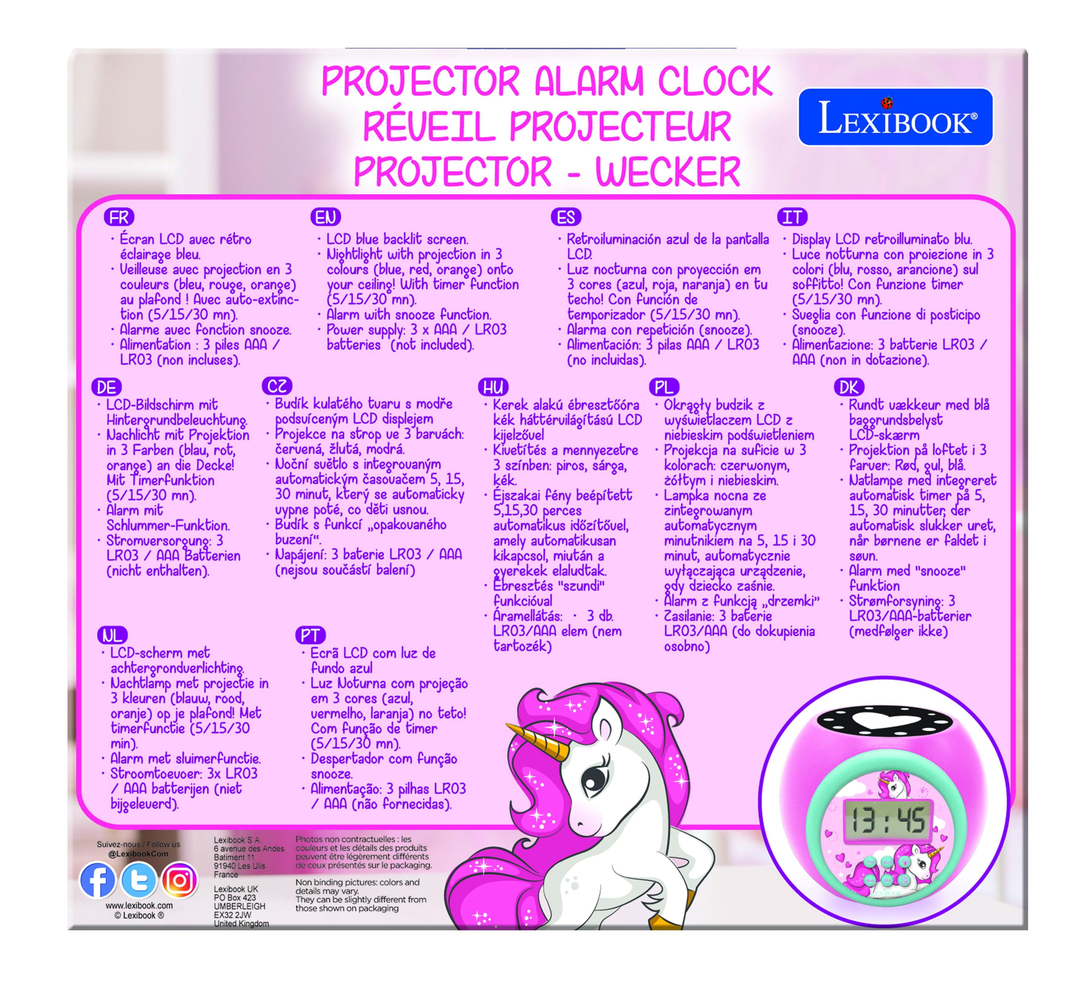 Lexibook Projector Alarm Clock Unicorn with Snooze Function and Alarm Function, Night Light with Timer , LCD Screen, Battery Operated, Pink