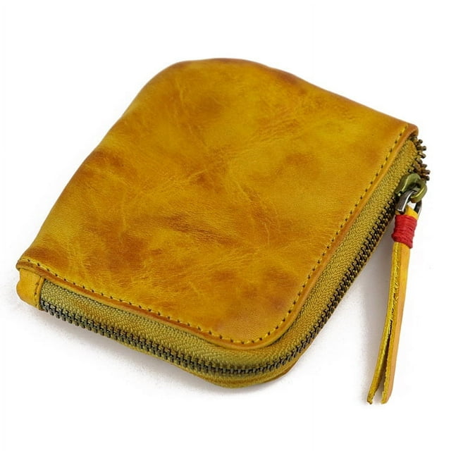 Monedero pequeño de piel curtida vegetal en capas, hecho a mano, estilo retro, con cremallera