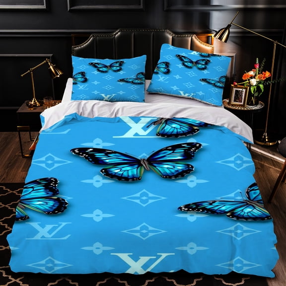 3-Piece Blue Butterfly Duvet Cover Set - Elegant Light Blue Bedding with Letters Perfect for Stylish Bedrooms