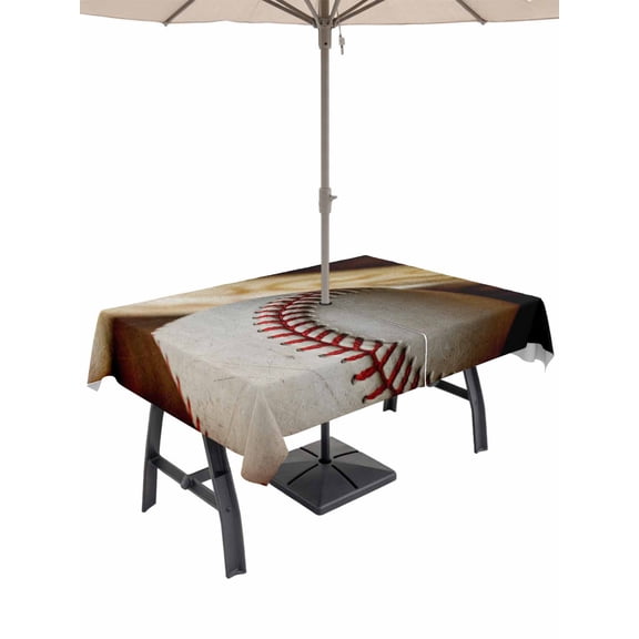 Outdoor Tablecloth with Umbrella Hole and Zipper, Vintage Baseball Rectangle Table Cloth 60x84 Inch Waterproof Tablecloth, Classic Sport Retro Art Wooden Picnic Table Cover for Patio Camping