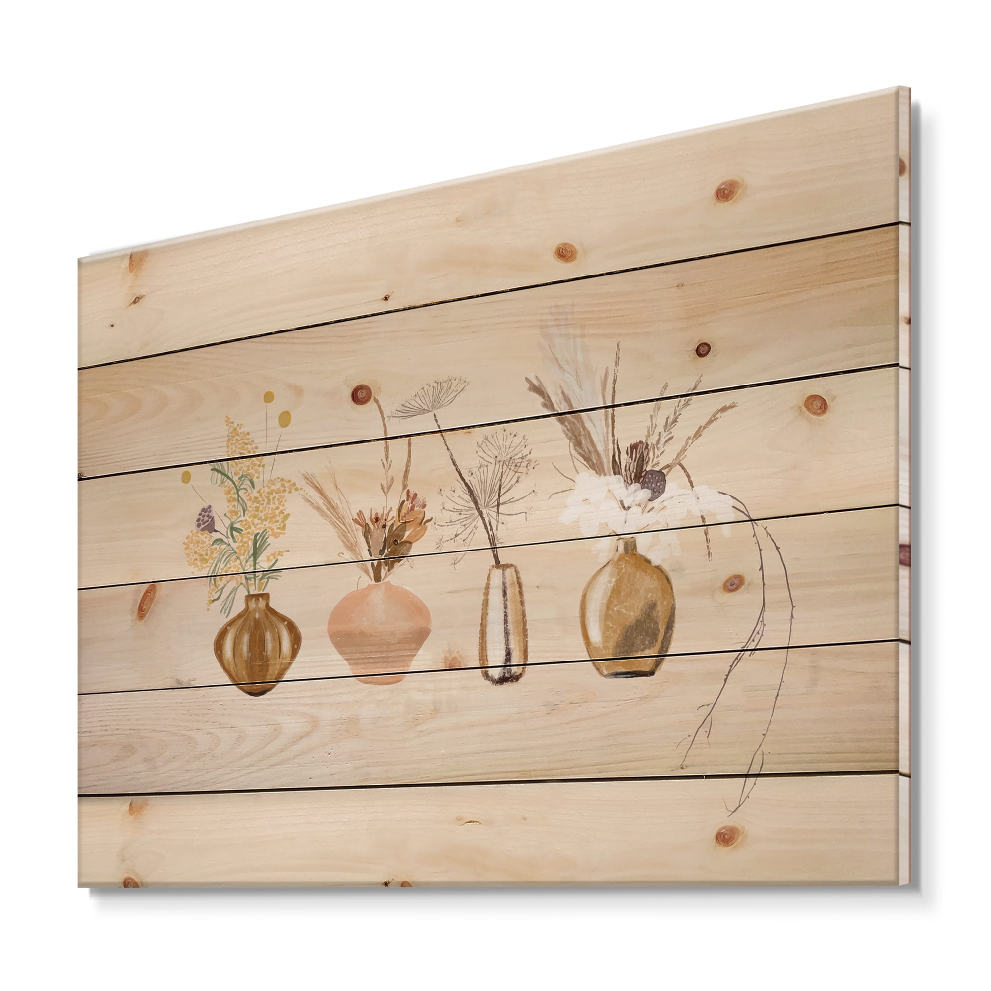 Designart 'Gold Vases With Bouquets Of Wildflowers II' Traditional Print on Natural Pine Wood