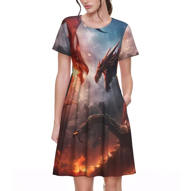 Easygdp Fire Sky Dragon para Vestido Transpirable de Mujer, Vestido Suelto de Manga Corta con Pliegues y Bolsillos para el Verano