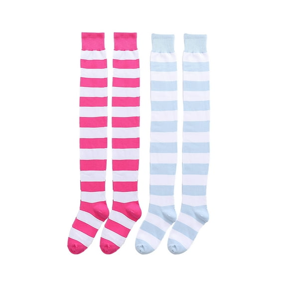 CutiePlusU Cotton Striped Knee High Socks Extra Long Thigh High Stripe Socks Daily Wear Cosplay for Woman 2 pairs Pack