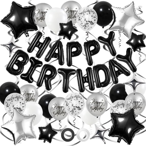Black and Silver Birthday Decorations, 3D Foil Black Happy Birthday Balloons Banner with Star Balloons, Confetti Balloon, Hanging Swirls, for Boys Girls Men Women Party Decorations