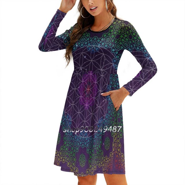 Robe à Encolure Carrée Fleur Fractale Mignonne Ample Imprimée Élégante Robe de Plage Fête Fleur de Vie Fleur Fractale
