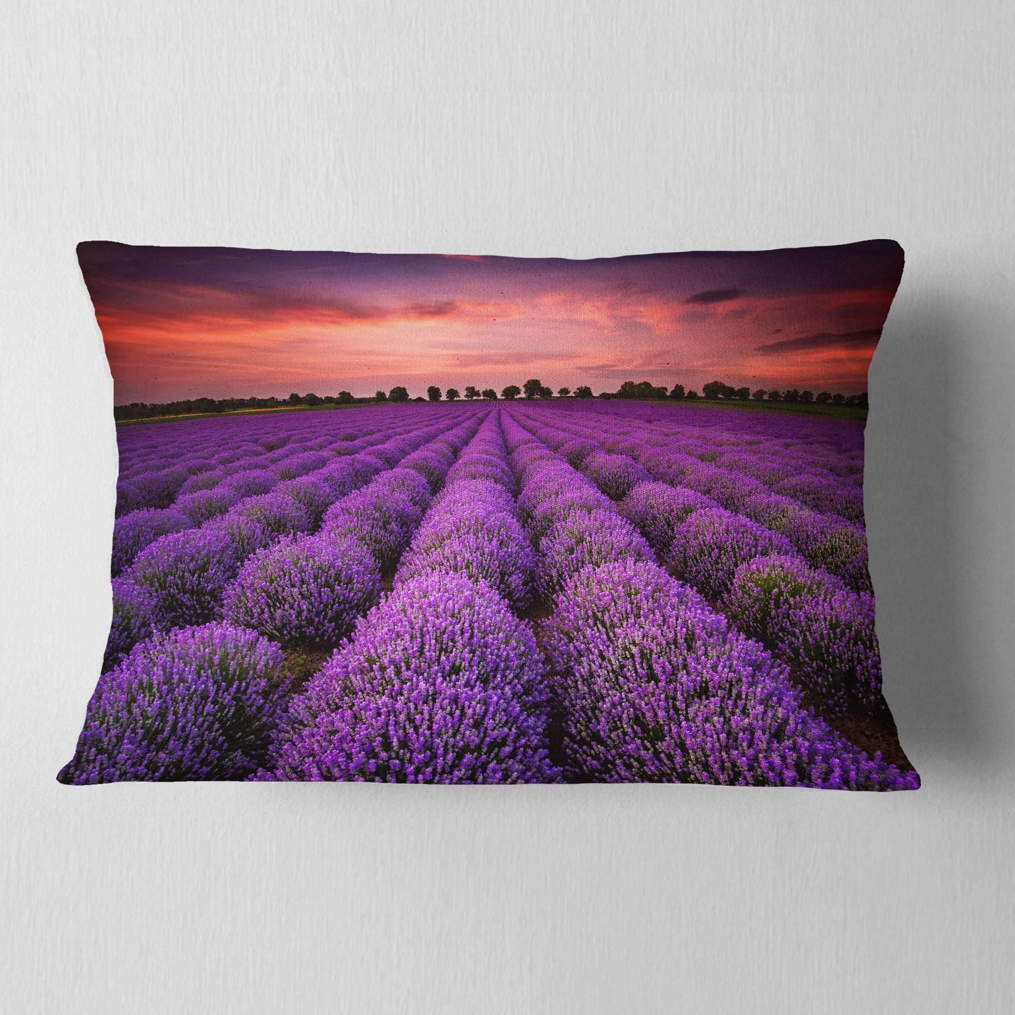Designart Red Sunset Over Lavender Field - Landscape Printed Throw Pillow - 12x20