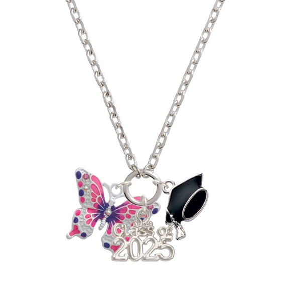 Delight Jewelry Silver-tone Large Hot Pink & Purple Butterfly - Silver-tone Class of 2025 Graduation Zoey Necklace, 28"