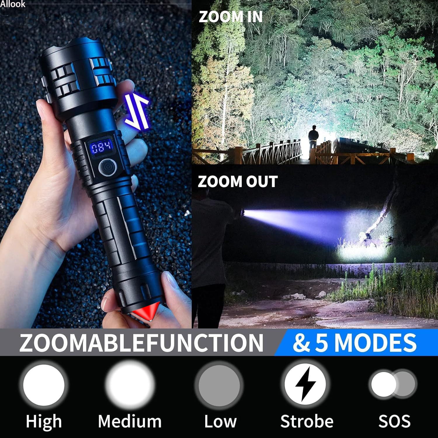 Rechargeable Flashlights High Lumens 990000 Lumens Laser Tactical Flashlights , 5 Modes Powerful Handheld Hunting Flashlight for Emergency Hiking Battle（Carry a safety hammer）