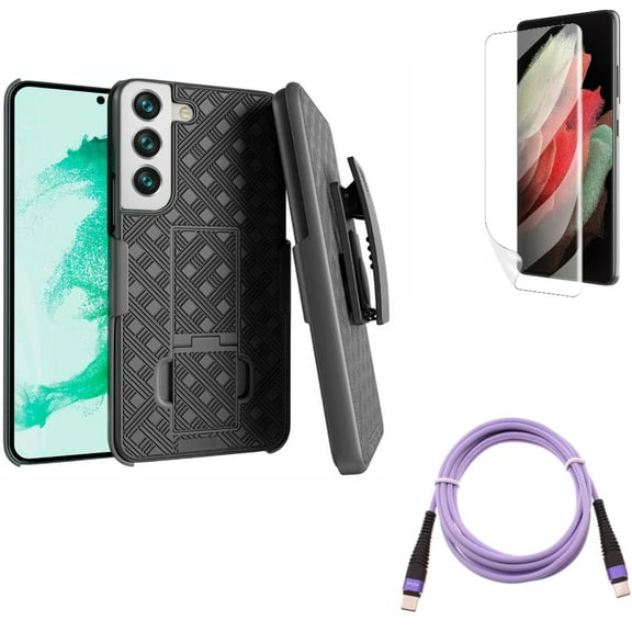 Case Belt Clip & Matte Screen Protector & Purple 10ft PD Cable for Samsung Galaxy S22 Plus (S22 ) - Combo Holster Swivel Cover & TPU Film Anti-Glare & Type-C to USB-C Fast Charger Cord Extra Long