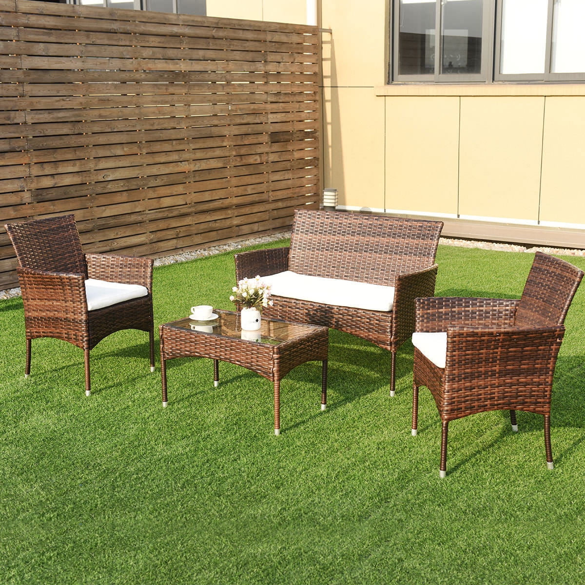 Costway 4PCS Outdoor Patio PE Rattan Wicker Table Shelf Sofa Furniture Set With Cushion by Costway