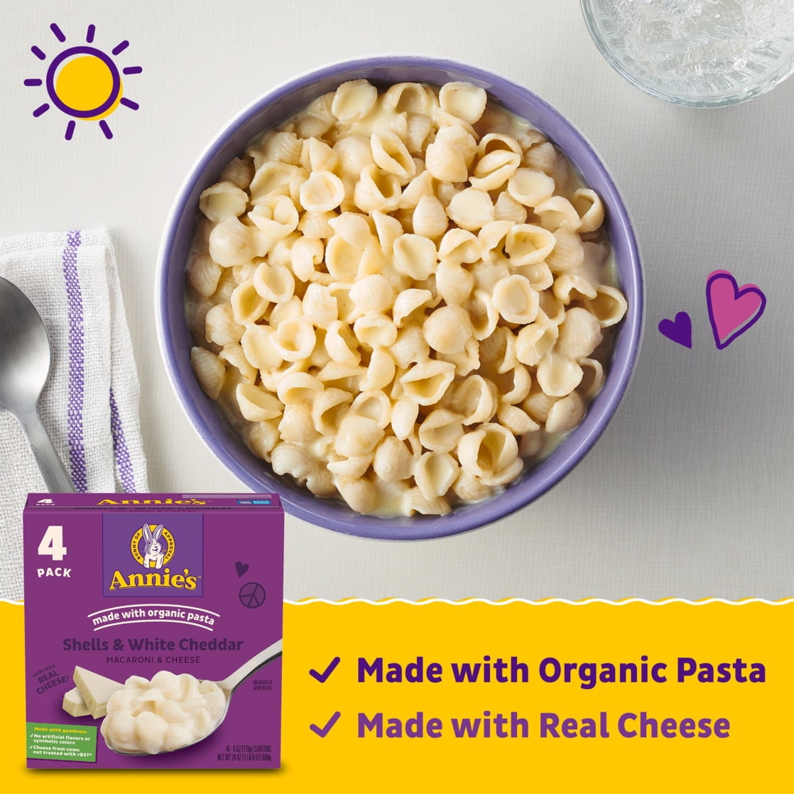 (4 pack) Annie's Shells and White Cheddar Made with Organic Protein Pasta and Real Cheese, 4 Count, 24 oz