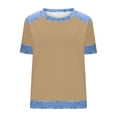 thumbnail image 4 of Craaazy Women's Solid Color Waffle Knit Crewneck Short Sleeve Denim Prints Trim Blouse Loose Fit Casual Top Gifts, 4 of 5