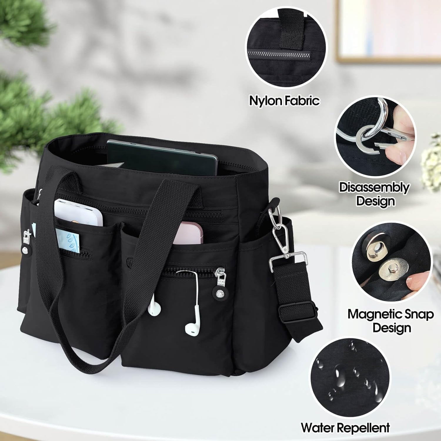 Canvas Tote Bag with Multi Zipper Pockets Crossbody Tote Bag for Women Large Shoulder Handbag Tote Bag with Compartments