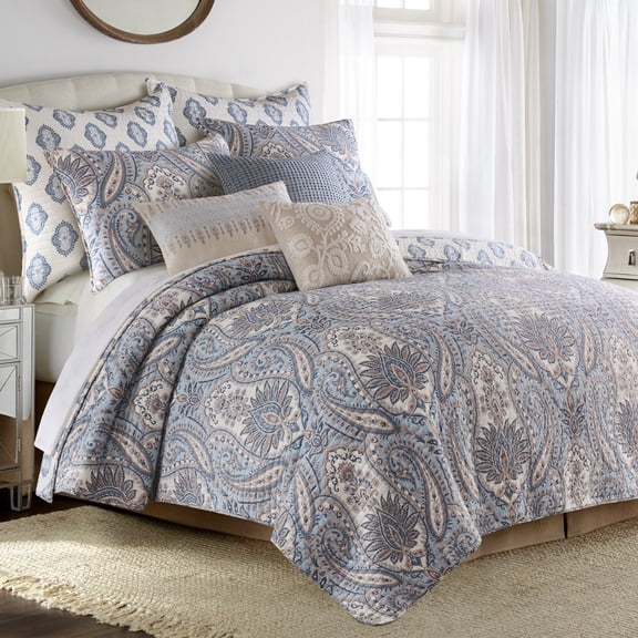 Levtex Home Kasey Blue Quilt Set - Full/Queen Quilt (88x92in.) and 2 Standard Shams (20x26in.) - Oversized Paisley Pattern - Blue, Taupe, and Ivory - Reversible - Cotton