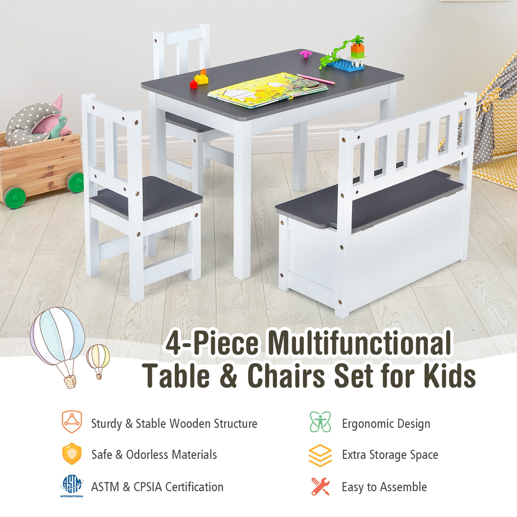 Costway 4 PCS Kids Wooden Activity Table & Chairs Set with Storage Bench Study Desk Grey