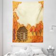 thumbnail image 1 of Log Cabin Tapestry, Autumn Illustration of a Old Rustic Lodge Surrounded with Maple Trees, Wall Hanging for Bedroom Living Room Dorm Decor, 60W X 80L Inches, Cream Orange and Umber, by Ambesonne, 1 of 2