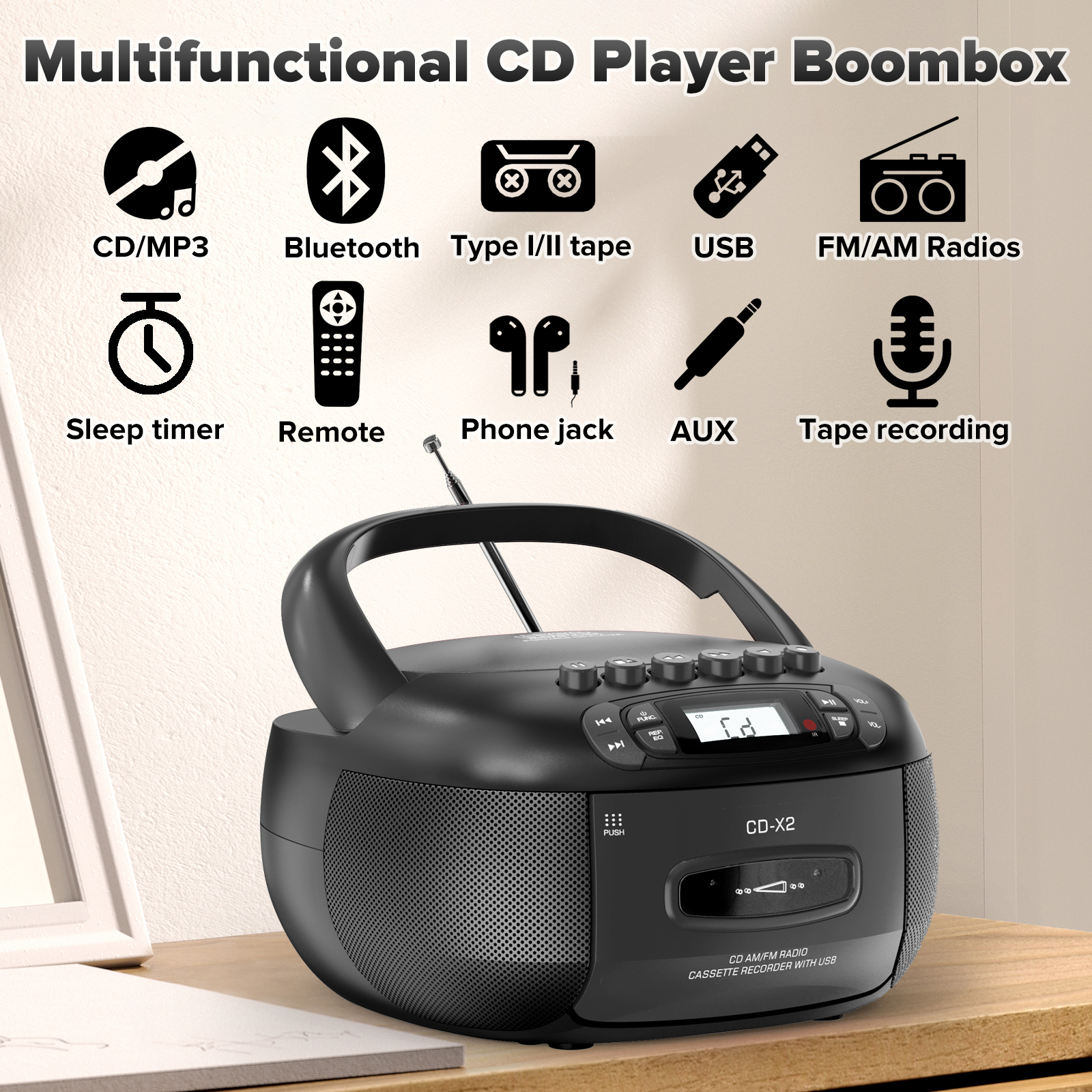 KUEPHOM CD Cassette Boombox with Bluetooth and AM/FM Radio photo 5