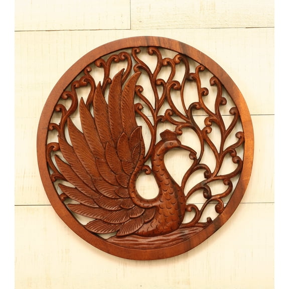 Wooden Hand Carved Peacock Wall Plaque Relief Panel Wall Hanging Statue Sculpture Handcrafted Gift Art Home Decor Figurine Accent Decoration Handmade Size: 12" diameter x 1" deep