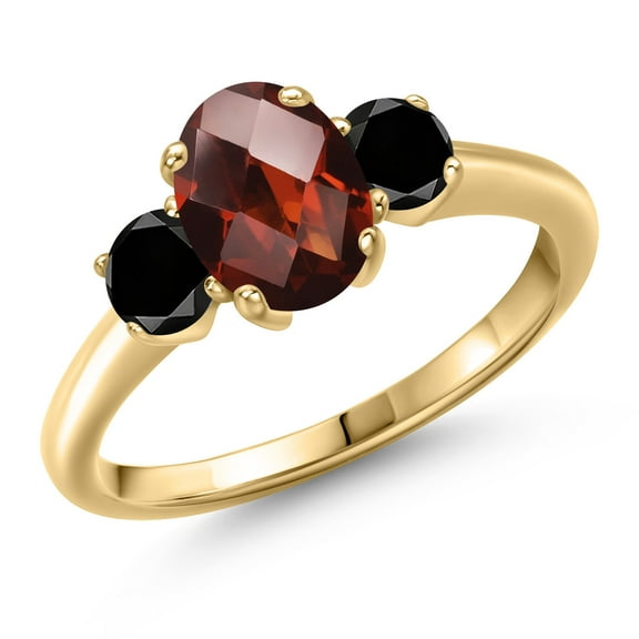 Gem Stone King 10K Yellow Gold Red Garnet and Black Diamond Engagement Ring for Women | 2.07 Cttw | Oval Checkerboard 8X6MM | Gemstone January Birthstone | Size 9