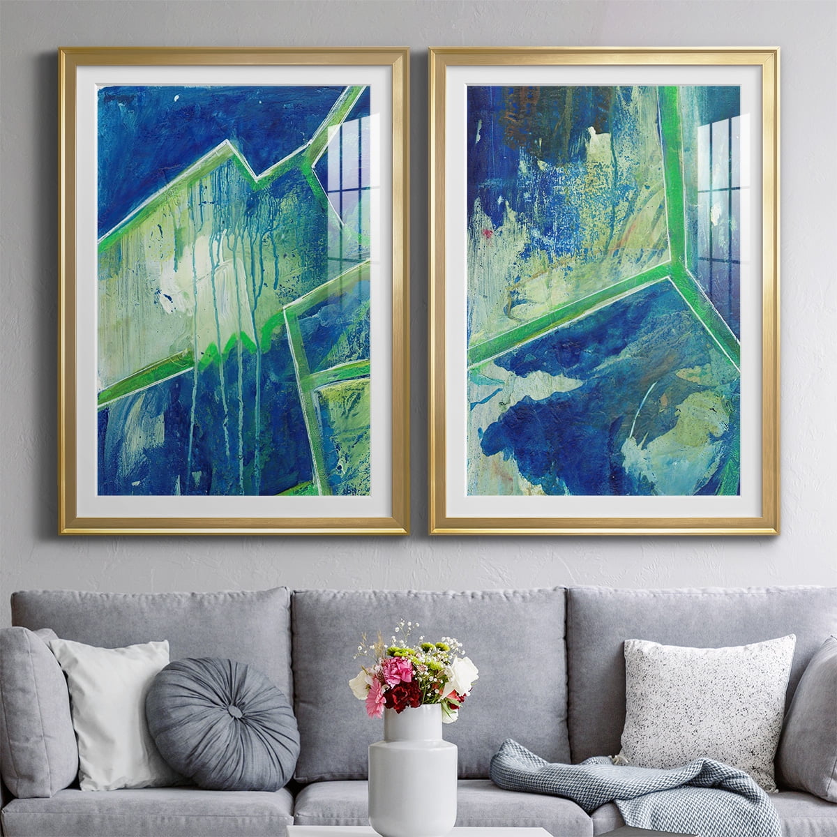 Wexford Home Geometric in Cool V Premium Framed Print, 30.5" x 42.5" - Ready to Hang, Gold (Set of 2)