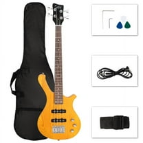 GW101 36in Small Scale Electric Bass Guitar Suit With Mahogany Body SS Pickups, Guitar Bag, Strap, Cable Transparent Yellow
