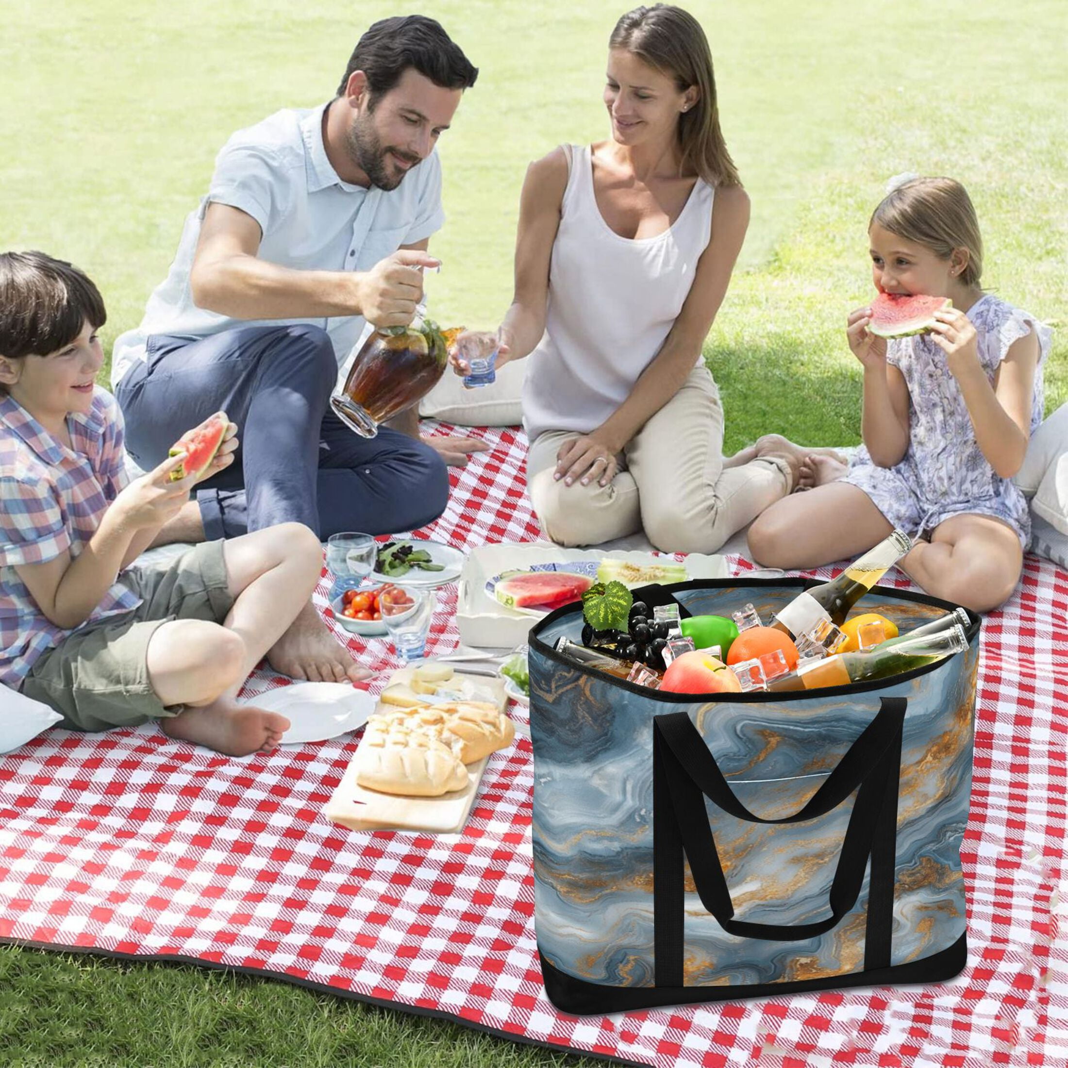 Large Hand-held Ice Pack Picnic Bag Insulation and Refrigeration Suitable for Shopping Picnics and Camping Blue Marble Stripe Pattern