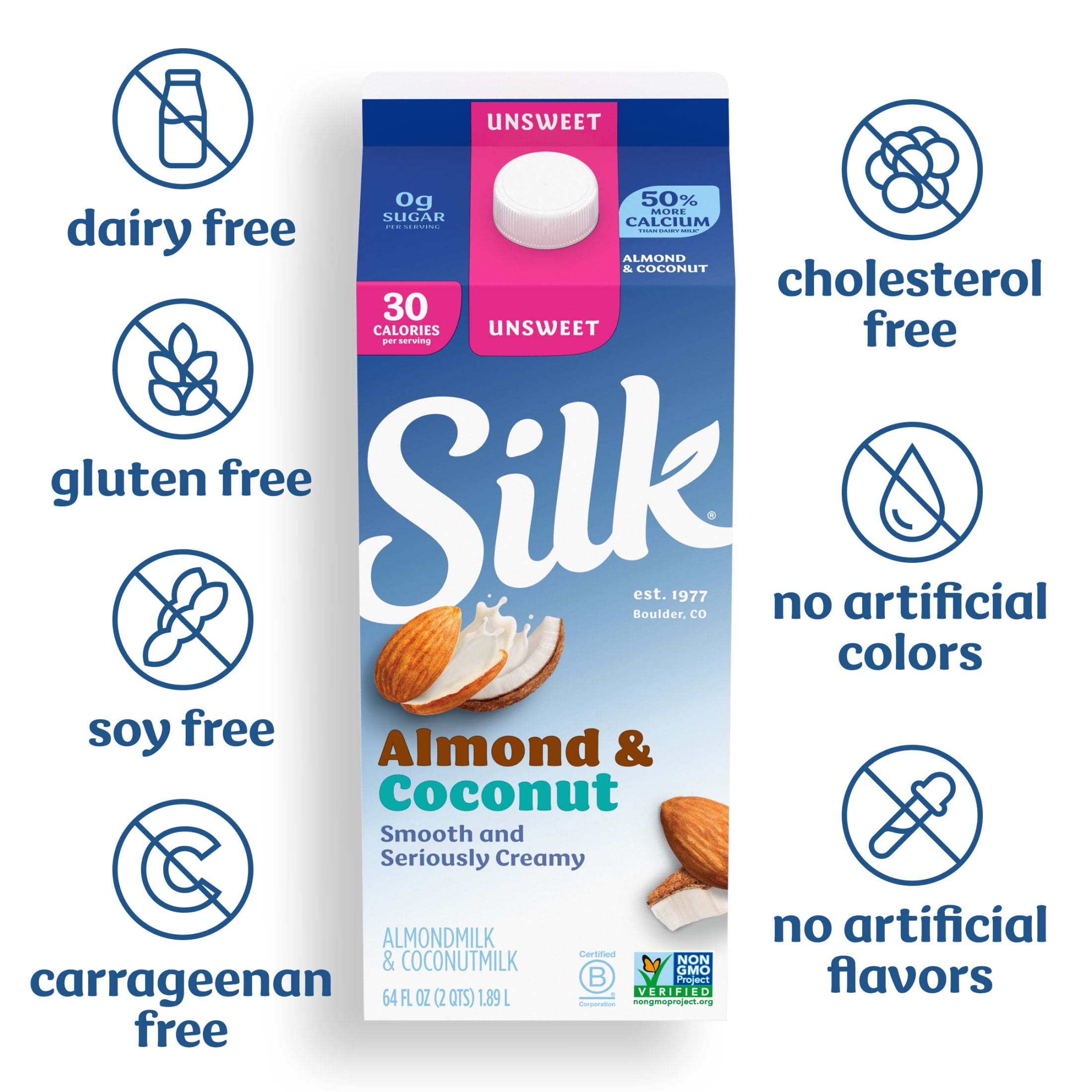 Silk Dairy Free Unsweetened Almond Coconut Milk, Gluten Free, 64 FL OZ Half Gallon