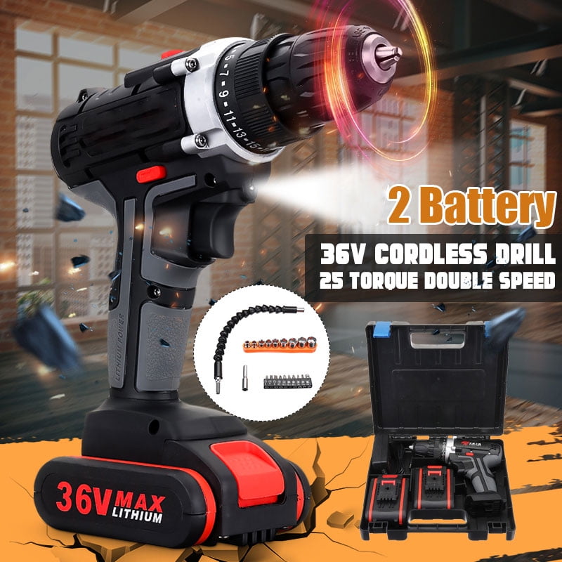 Screwing,2 Battery for DIY Project Power Drill 36V Electric Screwdriver Set Compact 15+1 Varible