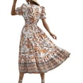 thumbnail image 2 of Fashnice Robe d'Été de Plage pour Femmes Robe Longue à Imprimé Floral Col en V Robes Maxi Boho Fête Orange P, 2 of 3