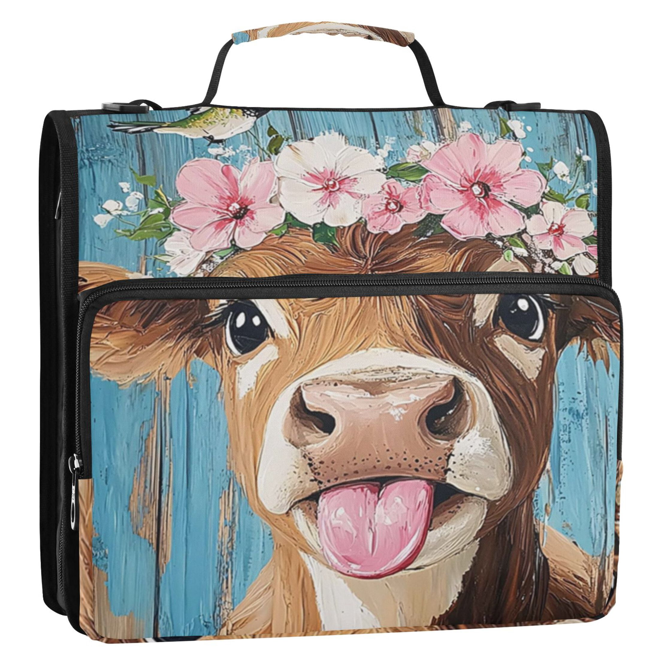 Zipper Binder Cow 1.5 Inch Binder Folder Bag with Shoulder Strap and Handle